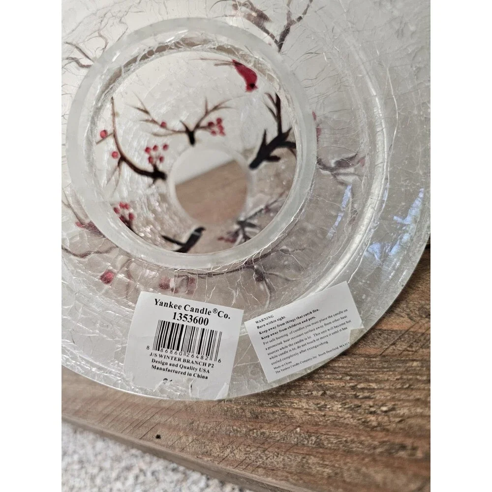 Yankee Candle Winter Branches Candle Shade Crackle Glass Berries Cardinal New